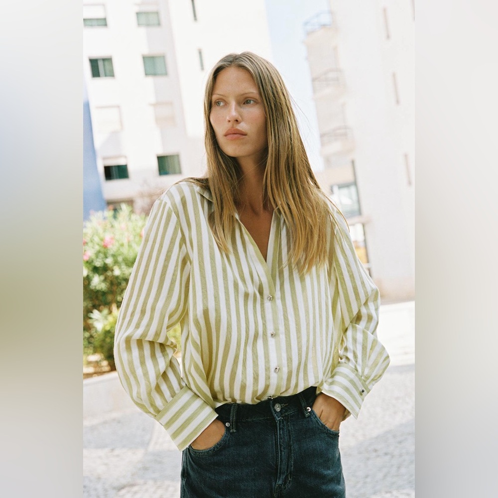 NEW ZARA Sheer Striped Shirt- Green (size L)